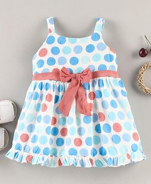 Babyhug 100% Cotton Singlet Frock Polka Dot Print - Blue