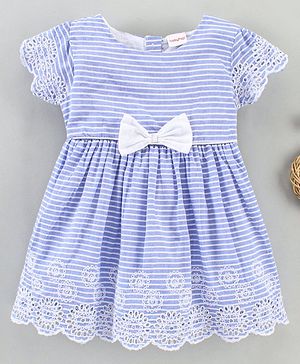 Babyhug 100% Cotton Half Sleeves Striped Frock with Schiffli Embroidery - Blue - 12-18M