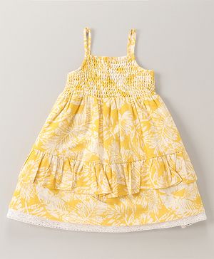 Babyhug 100% Cotton Singlet Sleeves Layered Frock Leaves Print with Smocked Detailing - Mustard