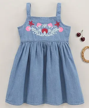Babyhug 100% Cotton Denim Singlet Frock Floral Embroidery - Blue