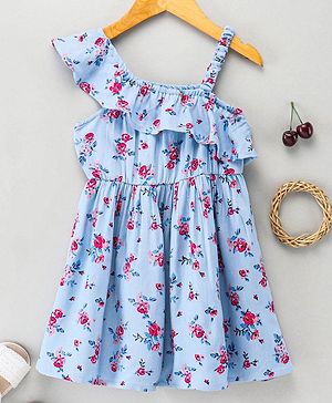 Babyhug 100% Rayon Twill Sleeveless Frock Floral Print - Blue