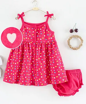 Babyhug 100% Cotton Singlet Sleeves Frock With Bloomer Heart Print - Pink