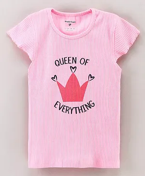 Stupid Cupid Half Sleeves Queen Of Everything Print Ribbed Detail Top - Pink