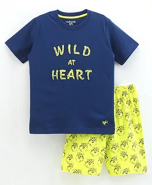 Stupid Cupid Half Sleeves Wild At Heart Print T Shirt With Leopard Print Shorts - Navy Blue