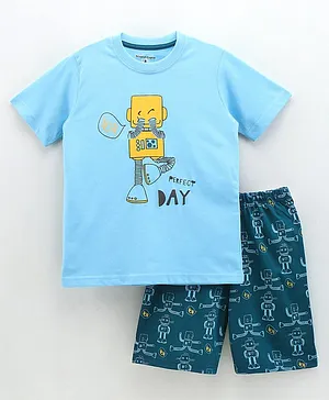 Stupid Cupid Half Sleeves Robot Print T Shirt With Printed Shorts - Blue