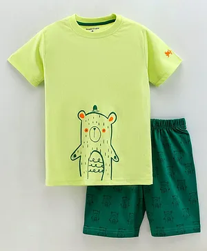 Stupid Cupid Half Sleeves Teddy Print T Shirt With Shorts - Green