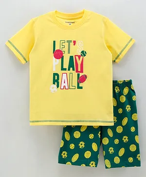 Stupid Cupid Half Sleeves Lets Play Ball Print T Shirt With Printed Shorts - Yellow