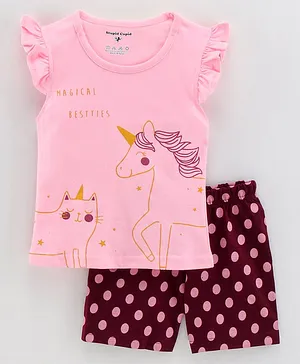 Stupid Cupid Frill Sleeves Unicorn Print T Shirt With Shorts - Pink