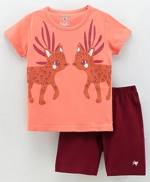 Stupid Cupid Half Sleeves Deer Print T Shirt And Shorts - Peach