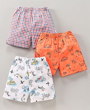 Babyhug Knee Length Cotton Printed Boxer Pack Of 3 - Orange White Blue Red