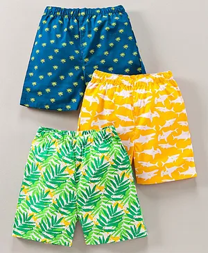 Babyhug Knee Length Cotton Boxer Leaf Shark Coconut Tree Print Pack of 3 - Blue Green Yellow