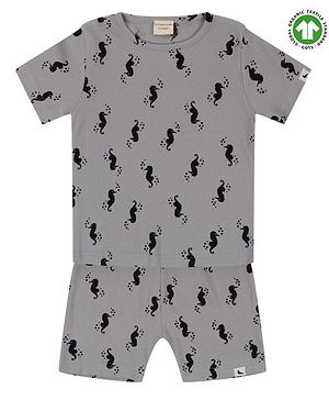 Turtledove London Organic Cotton Ribbed Tee and Shorts Set Seahorse Print - Dark Grey