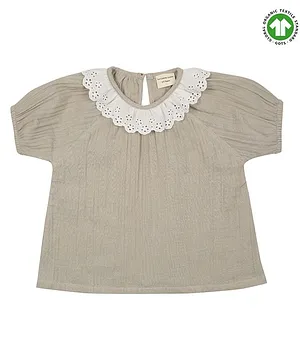 Turtledove London Organic Cotton Half Sleeves Top With Lace Detailing - Grey