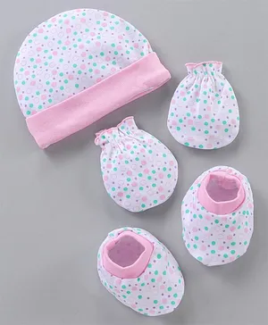 Babyhug 100% Cotton Cap Mitten & Booties Set Polka Dot Print Pink - Diameter 11.5 cm