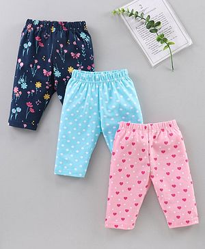 Babyhug Three Fourth Length Cotton Lycra Leggings Dot Floral And Heart Print Pack Of 3 - Blue Pink