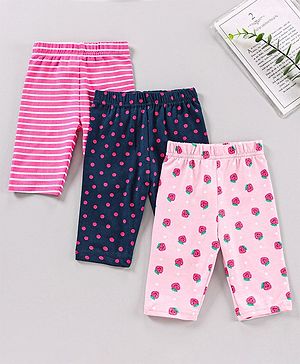 Babyhug Three Fourth Length Lycra Leggings Polka Dots And Stripes Print Pack Of 3 - Blue Pink