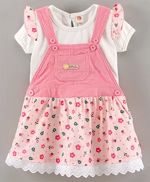 Dew Drops Dungaree Style Frock with Short Sleeves Tee Floral Print - Peach White