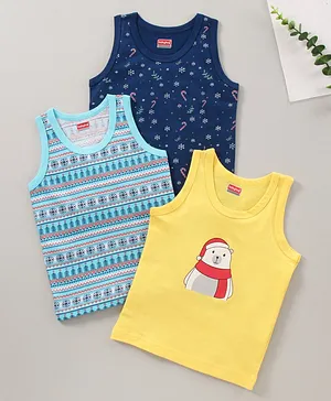 Babyhug 100% Cotton Sleeveless Vests Multi Print Pack Of 3 - Blue Yellow