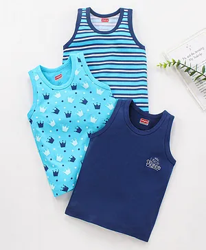Babyhug 100% Cotton Sleeveless Strip & Crown Printed Vest Pack Of 3 - Blue