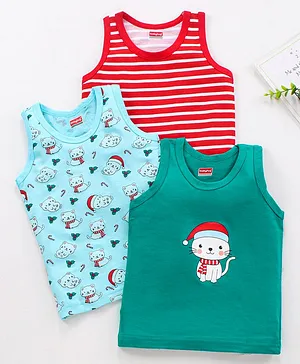 Babyhug 100% Cotton Sleeveless Vests Printed Pack of 3 - Green Blue Red