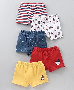 Babyhug 100% Cotton Briefs Musical Note Teddy Bear Penguin And Stripe Print Pack Of 5 - Blue Yellow Red White