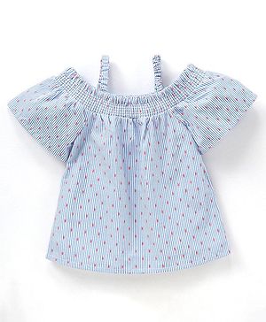 Babyhug Half Sleeves Cotton Yarn Dyed Dobby Off Shoulder Striped Woven Top - White & Blue