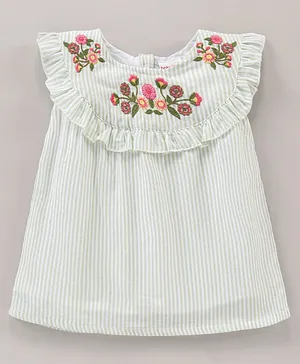 Babyhug Sleeveless Striped Top Floral Embroidery- White