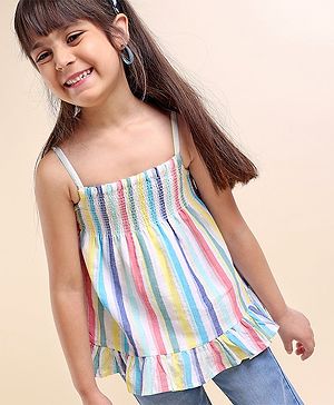 Babyhug Singlet Striped Cotton Lurex Top With Smocking And Frill Detailing-Multicolor