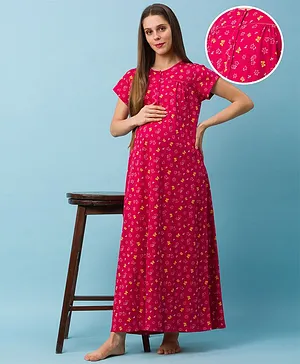 Bella Mama Half Sleeves Maternity & Nursing Nighty Floral Print - Red