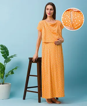 Bella Mama Half Sleeves Maternity & Nursing Nighty Floral Print - Orange