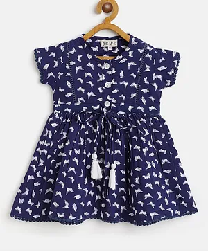 Bella Moda Short Sleeves Butterflies Print Dress - Navy Blue