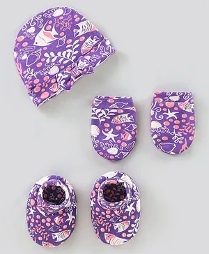 Bonfino Cotton Cap Mitten & Booties Set Printed Purple - Diameter 12.5 cm