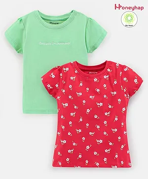 Honeyhap Short Sleeves Cotton Tops With Silvadur Antimicrobial Finish Text Embroidery & Floral Print Pack Of 2 - Green Red