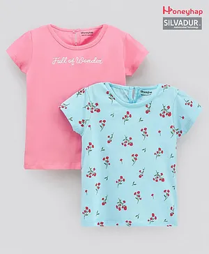 Honeyhap 100% Cotton Cap Sleeves Tops With Silvadur Antimicrobial Finish Text Embroidery & Floral Print Pack Of 2 - Pink Blue
