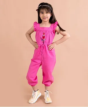 Fairies Forever Cap Sleeves Floral Embroidery Detail on Striped Self Design Jumpsuit - Pink