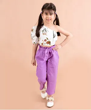 Fairies Forever One Shoulder Floral Top With Solid Paper Bag Pants - White & Purple