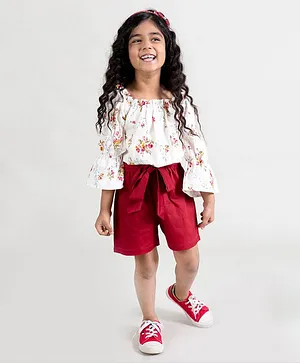 Fairies Forever Three Fourth Sleeves Floral Print Off Shoulder Top With Shorts - White Maroon
