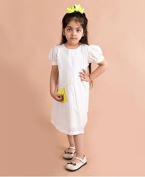 Fairies Forever Puff Sleeves Self Design Dress With Side Bag - White
