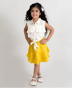 Fairies Forever Sleeveless Self Design Knot Pattern Top With Skirt - White Yellow