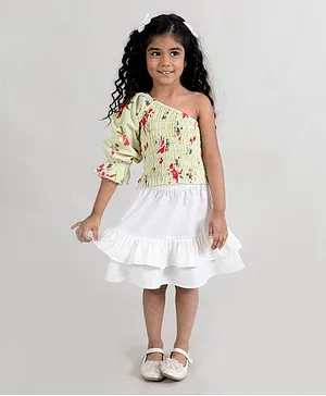 Fairies Forever One Shoulder Floral Print Full Sleeves Smocked Top With Skirt - Green