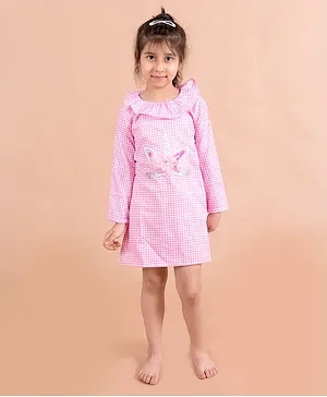 Fairies Forever Full Sleeves Checked Night Dress - Pink