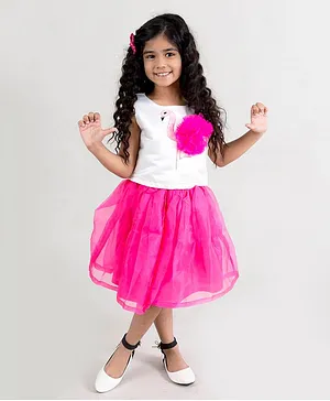 Fairies Forever Sleeveless Flamingo Patch Top With Organza Skirt - White Pink