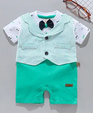 Jo&Bo Stripes And Bow Print Bow Applique Party Romper - Green