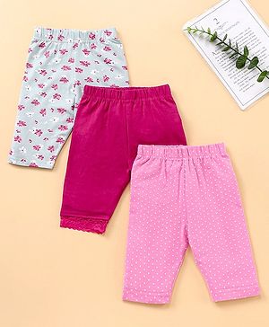 Babyhug Three Fourth Length Leggings Printed & Solid Pack Of 3 - Multicolor