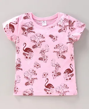 Smarty Girls Half Sleeves T-shirt Bird Print - Bright Pink