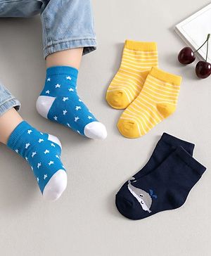 Cute Walk by Babyhug Ankle Length Antibacterial Socks Star Stripe And Whale Design Pack Of 3 - Blue Yellow