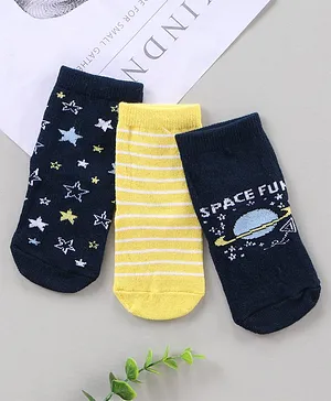 Cute Walk by Babyhug Ankle Length Antibacterial Socks Star Stripe And Space Fun Design Pack Of 3 - Blue Yellow Cute Walk by Babyhug Ankle Length Antibacterial Socks Star Stripe And Space Fun Design Pack Of 3 - Blue Yellow