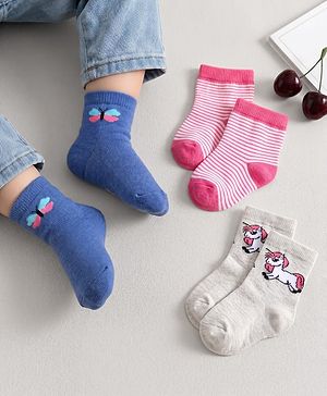 Cute Walk by Babyhug Ankle Length Antibacterial Socks Unicorn Stripe And Butterfly Design Pack Of 3 - Pink Blue White