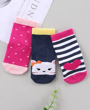 Cute Walk by Babyhug Ankle Length Antibacterial Socks Dot Stripe Cat Design Pack Of 3 - Blue Pink White