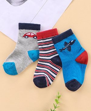 Cute Walk by Babyhug Ankle Length Antibacterial Socks Car Aeroplane And Stripe Design Pack Of 3 - Blue Red Grey